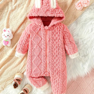 Baby's Cute Rabbit Ears Decor Warm Jacquard Zip Up Long Sleeve Romper, Toddler & Infant Girl's Bodysuit For Fall Winter Outdoor Wear