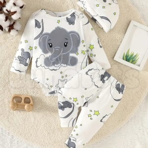 Cute Elephant Print Baby 3-Piece Outfit – Long Sleeve Top, Printed Trousers & Hat (Fall/Winter Set)